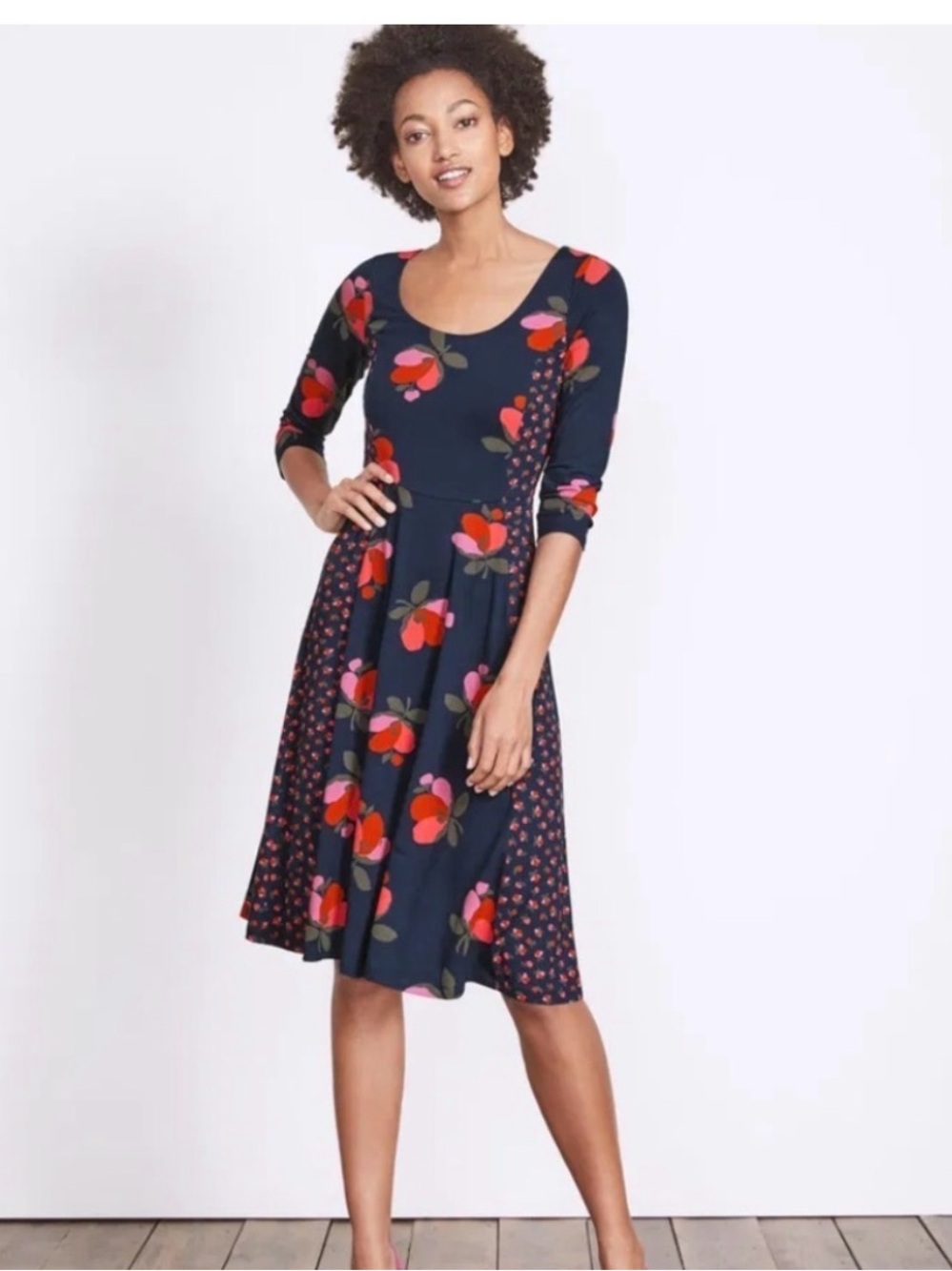 Boden Navy Midi Dress with Red and Pink Floral Panels